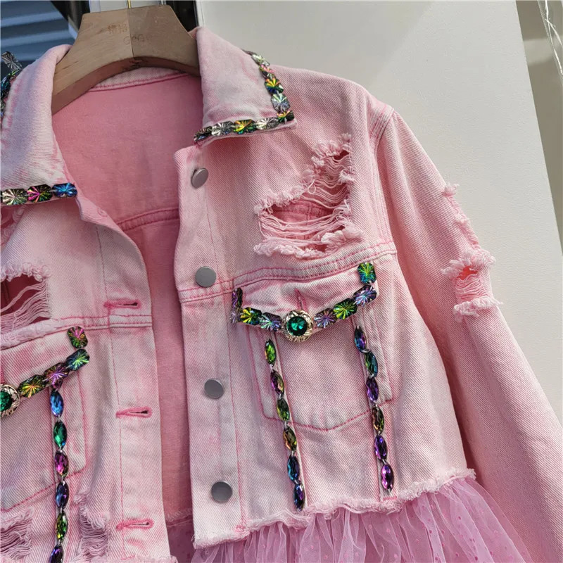 Heavy Work Mesh Splicing Diamonds Big Pocket Denim Jacket Women Slim Holes Cow Outerwear Korean Pink Jeans Jacket Coat Female 250122