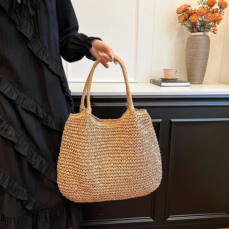 Straw Crochet Underarm Bag Hand-Woven Handbag Summer Weaving Simple Beach Shoulder Bags Women Solid Color 250207