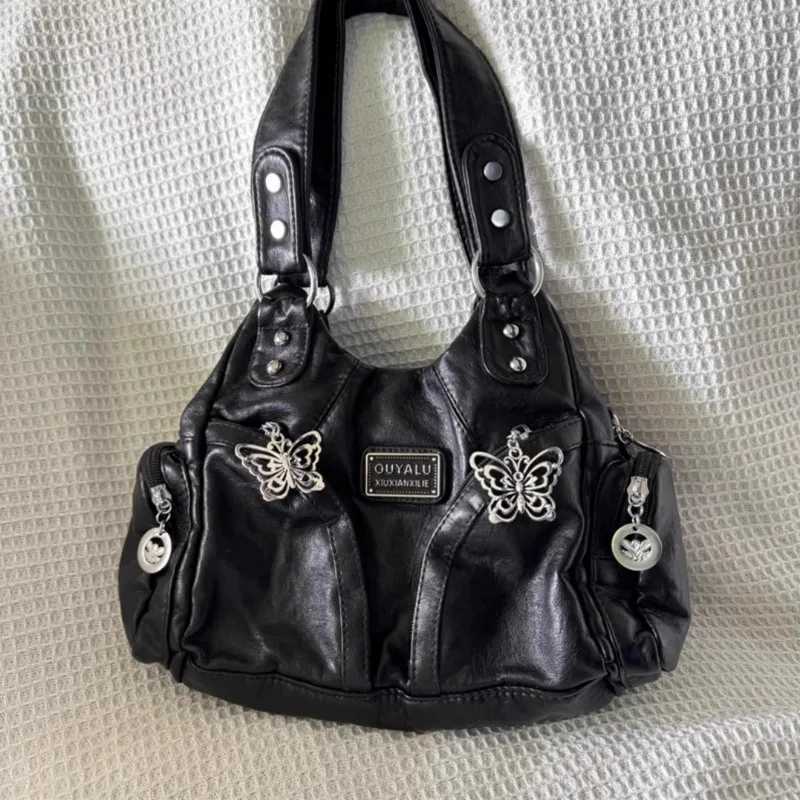 Xiuya Y2k Black Wens Shoulder Bag Gothic Advanced Fi Tote Bag Large Capacity Leather Motorcycle Vintage Handbag B250618