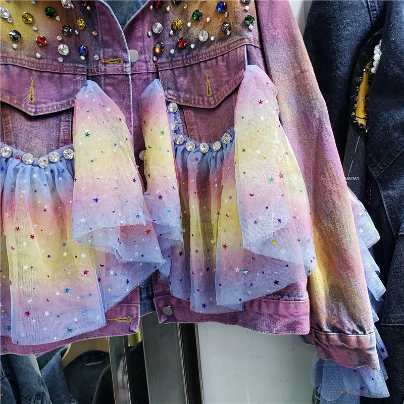 Tie Dye Gradient Color Diamonds Mesh Splicing Pocket Denim Jacket Women Cow Outerwear Loose Short Jeans Jacket Coat Female 250122