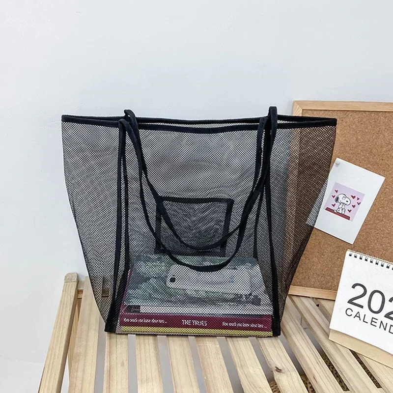 Summer Mesh Hollow Tote Bag Women Large Capacity Shoulder Bag Transparent Beach Bags Canvas Shoping Hobo Bags Handle Tote 250207