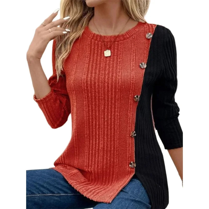 Womens Round Neck Long Sleeved Color Blocked Button Tshirt Daily Office Casual Comfortable Autumn Top 250114Z