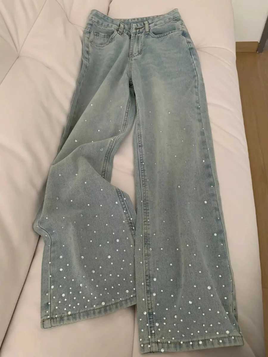 Rhinestone Straight Leg Jeans Womens Retro Washed Wide Leg Pants Classic Blue High Waisted Loose All-Matched TrousersT250208