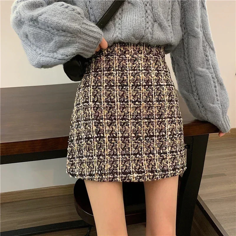 Plaid Wool Skirt Women Textured Glittery High Waist ALine Tweed Mini Saia Feminina Fall Winter 2024 Classic Outfit 250206Z