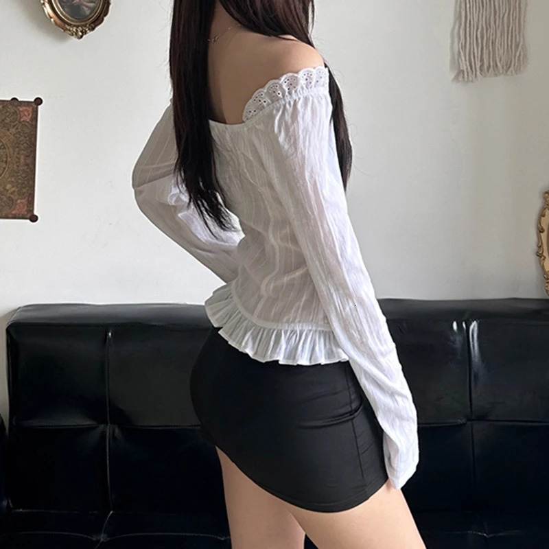 IAMTY Sweet Jacquard Ruffled Tie-up V-neck Shirt White Chic Elegant Button-up Long Sleeve Blouses Autumn Y2K Aesthetic Tops250207