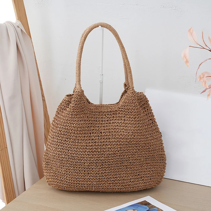 Straw Crochet Underarm Bag Hand-Woven Handbag Summer Weaving Simple Beach Shoulder Bags Women Solid Color 250207