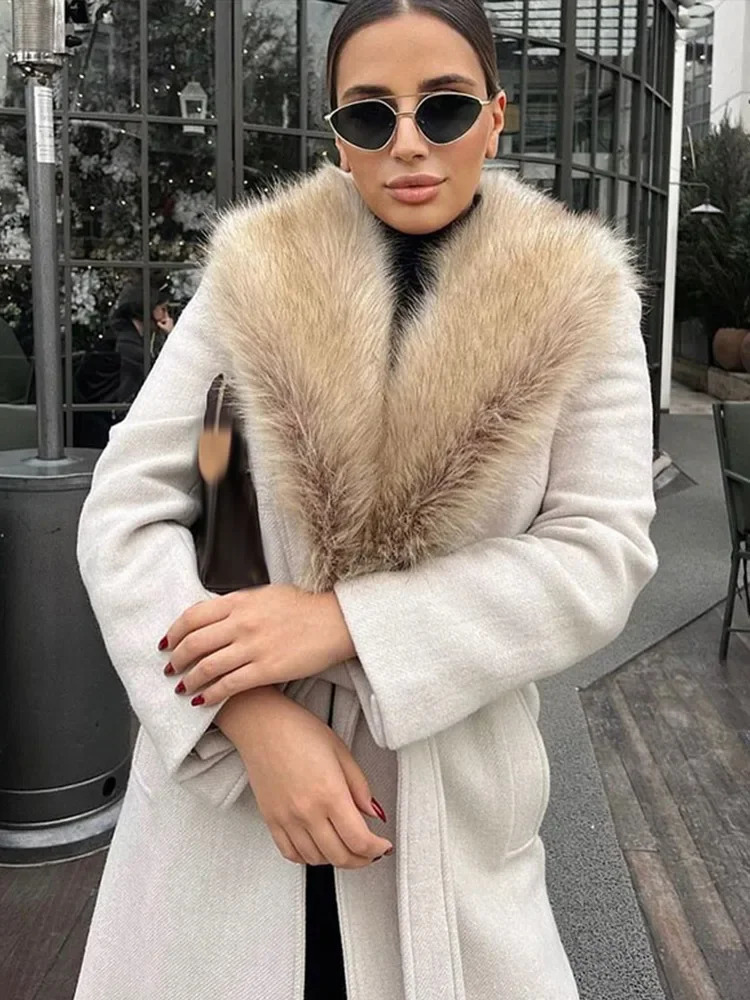 Fur Collar Long Woolen Coat Belt Lace Up Waist Cinching Pocket Plush Wool Overcoat Fashion Outwear Top Winter Womens Clothing 250109Z