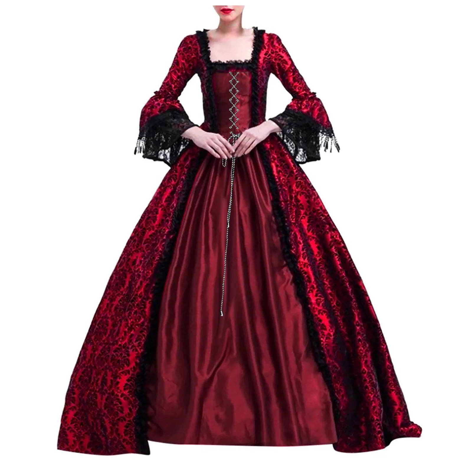 Womens Retro ball gown Long Sleeve Dress Medieval Victorian Court Lace Stitching Dress Gothic Dress Cosplay Party Costume250206