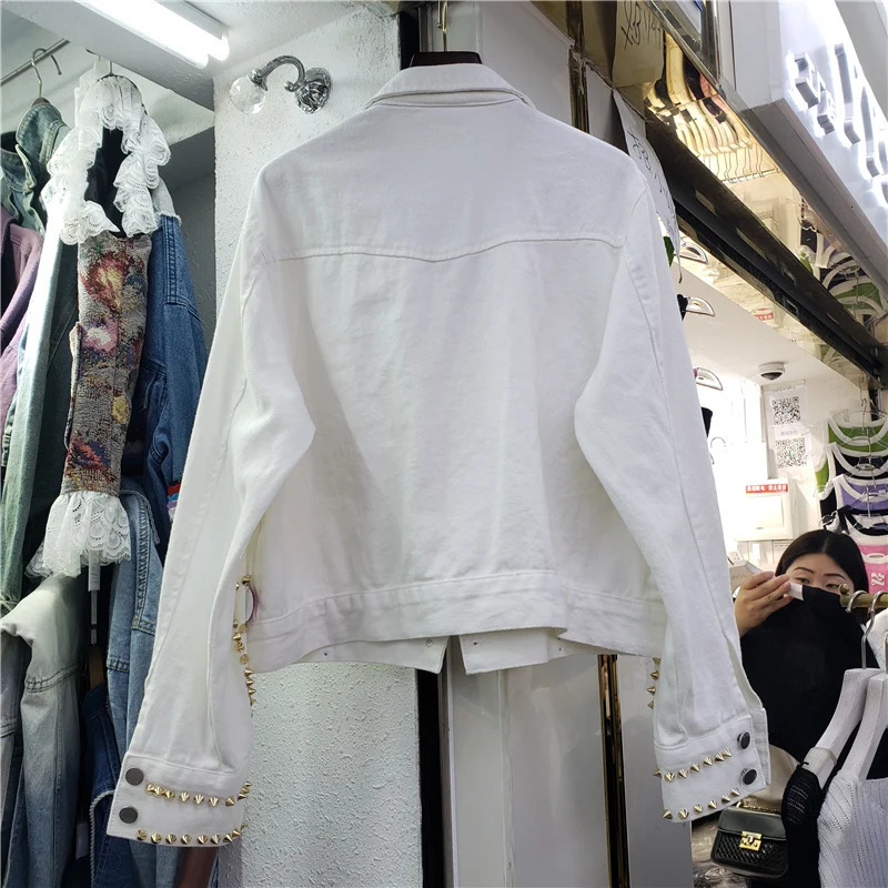 Heavy Work Diamonds Rivet White Blue Denim Jacket Women Loose Short Cow Outerwear Long Sleeve Big Pocket Jeans Jacket Female 250122