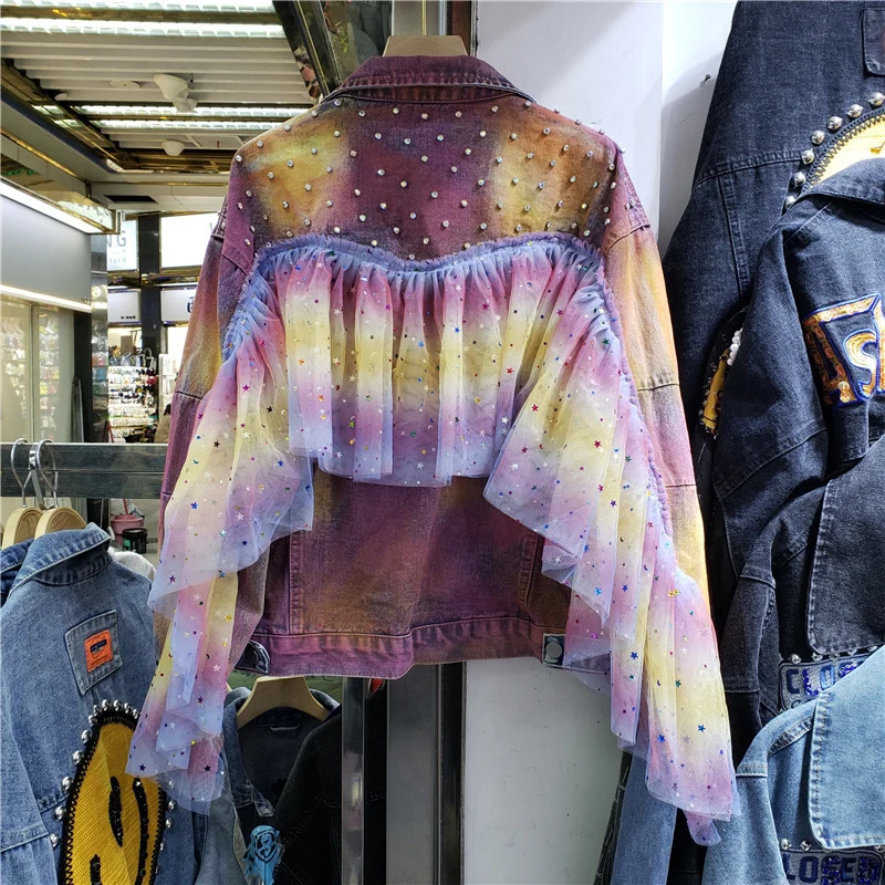 Tie Dye Gradient Color Diamonds Mesh Splicing Pocket Denim Jacket Women Cow Outerwear Loose Short Jeans Jacket Coat Female 250122
