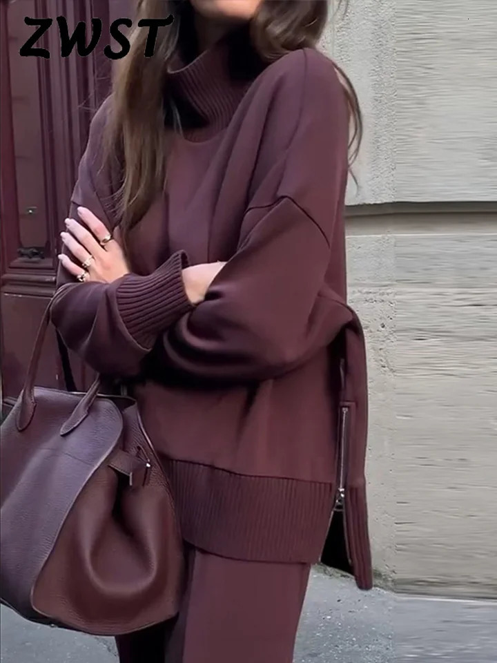 Knitted Solid Women Sweater Set High Waist Wide Leg Lady Pants Sets 2025 Elegant Casual High Collar Loose Female Pullover Suit 250208