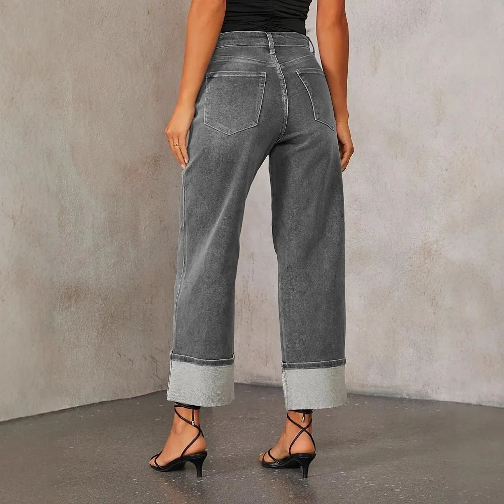 Women Jeans Wide Leg Pant Denim Long Pants High Waist Vintage Button Pocket Y2k Tops Straight Trousers Simple Loose Streetwear 250206