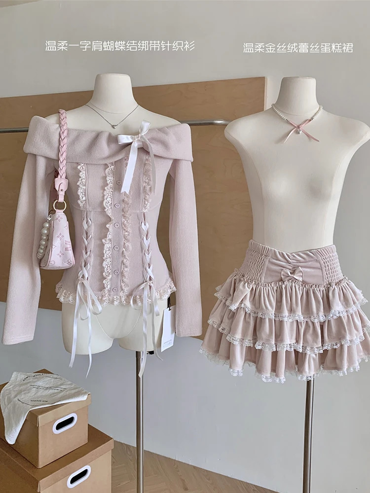 Fall Winter Women Kpop Shoujo Mori Girl 2000s Aesthetic Outfits 2 Piece Set Long Sleeve Off Shoulder Coquette Tops Mini Skirt 250208