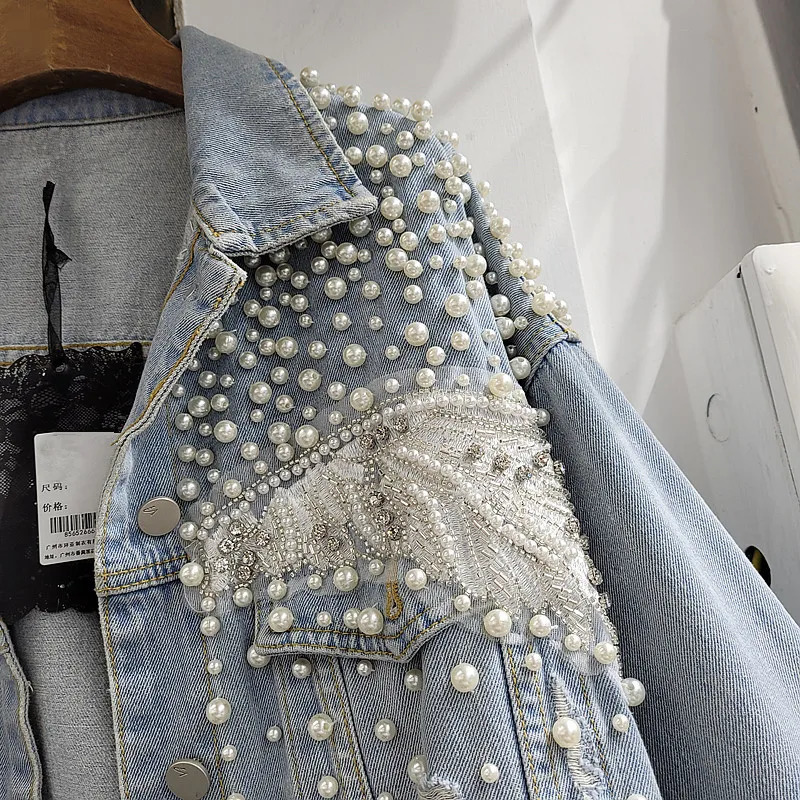 Heavy Work Pearl Diamonds Denim Jacket Women Loose Short Cow Outerwear Vintage Blue Holes Big Pocket Jeans Jacket Coat Female 250122