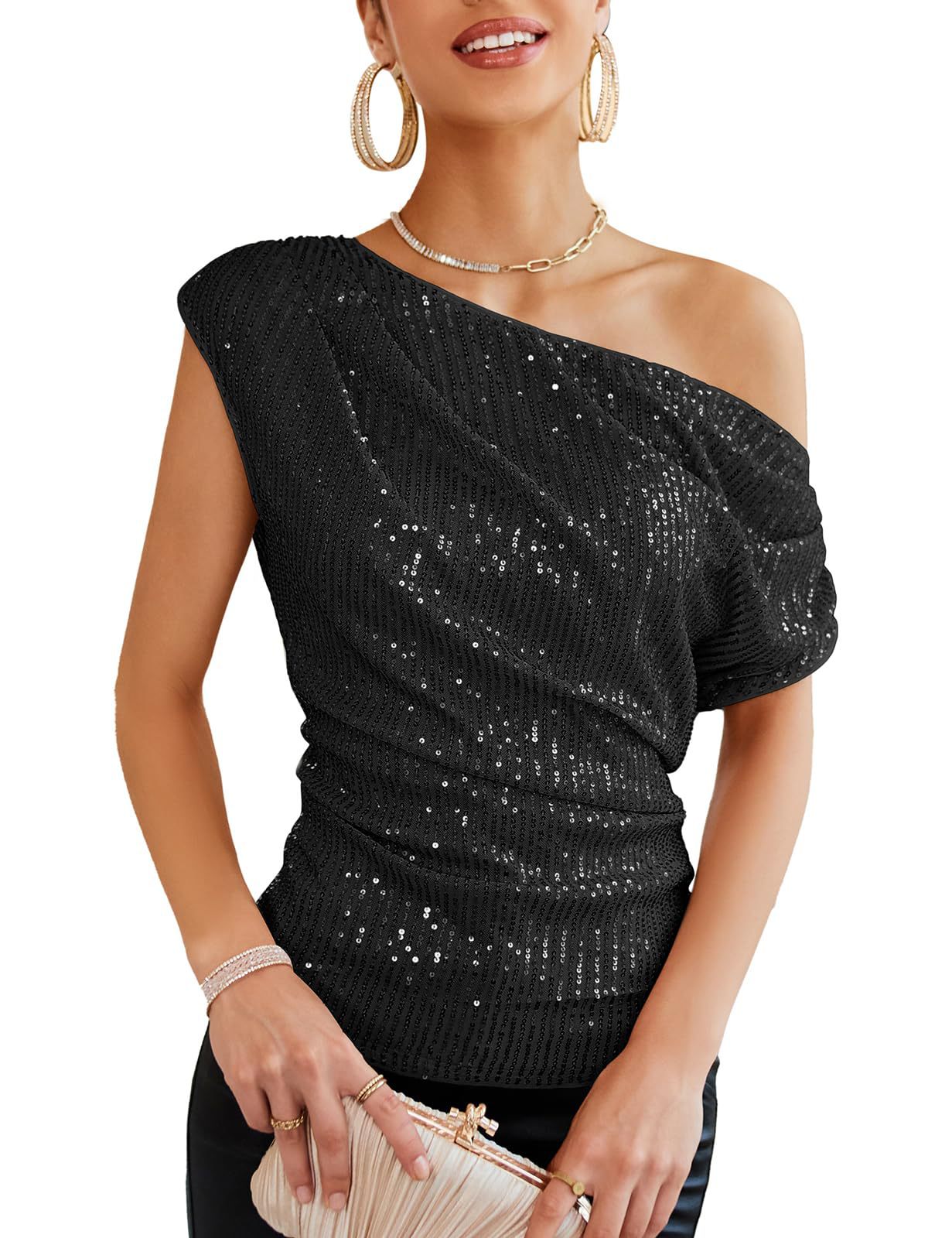 2025 Summer New Women's One Shoulder Sparkling Wrinkled Short Sleeve Top