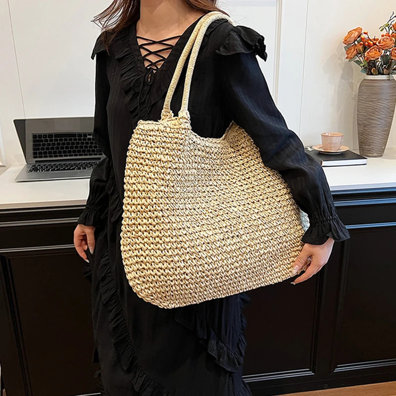 Straw Crochet Underarm Bag Hand-Woven Handbag Summer Weaving Simple Beach Shoulder Bags Women Solid Color 250207