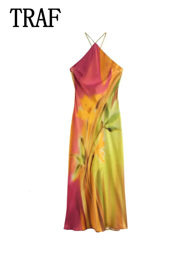 TRAF 2024 Womens Summer Retro Halter Fashion TieDye Dress Bohemian Style Elegant Sleeveless 250121