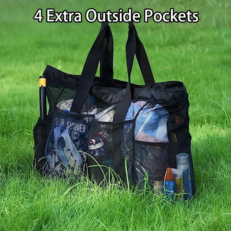 Extra Large Mesh Beach Bag with Multiple Pockets Outdoor Sprots Gym Swimming Storage Bag Travel Picnic Tote Bag 250207