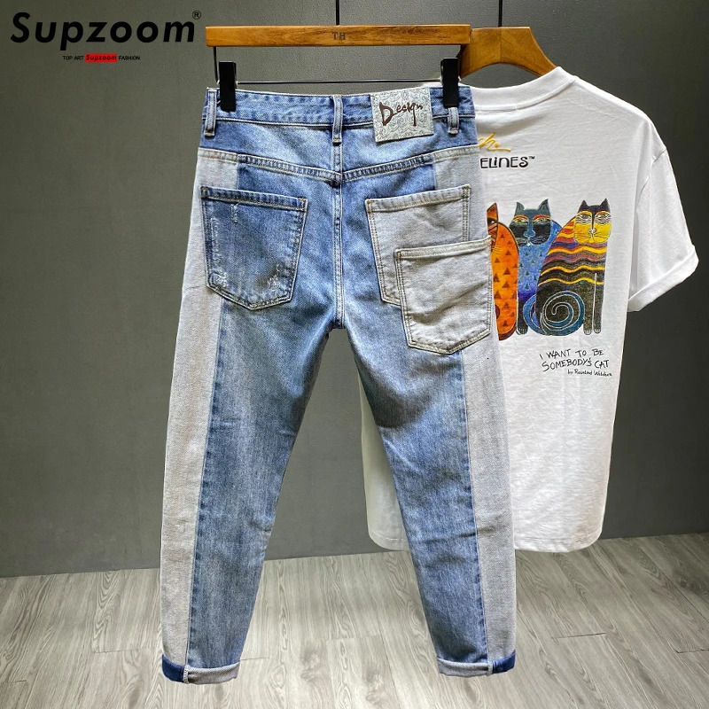Supzoom Arrival Top Fashion Autumn Zipper Fly Stoashed Casual Patchwork Cargo Denim Pockets Cotton Jeans Men 250115