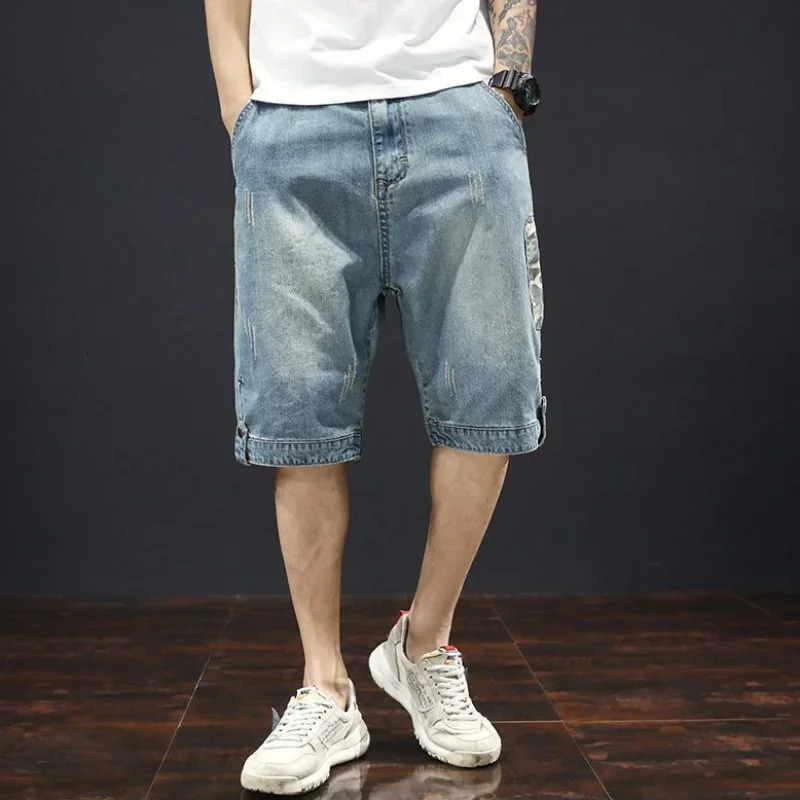 Man Denim Shorts Knee Length Short Jeans Pants for Men Selvedge Long Camouflage Half Cow Trend Wide Thin 250206