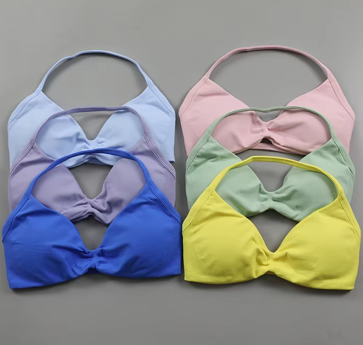 Sports Bra Gym Woman Semeless High Support Halter Backless Workout Crop Top Fitness Running Yoga Blouse Running Tank Ruched Halter Neck Bra