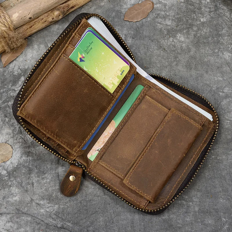 Men Crazy horse Genuine Leather Coin Wallet Real Leather Snap Short Purse Women Coin Pocket Zip Around Small Trifold Pocket 250221