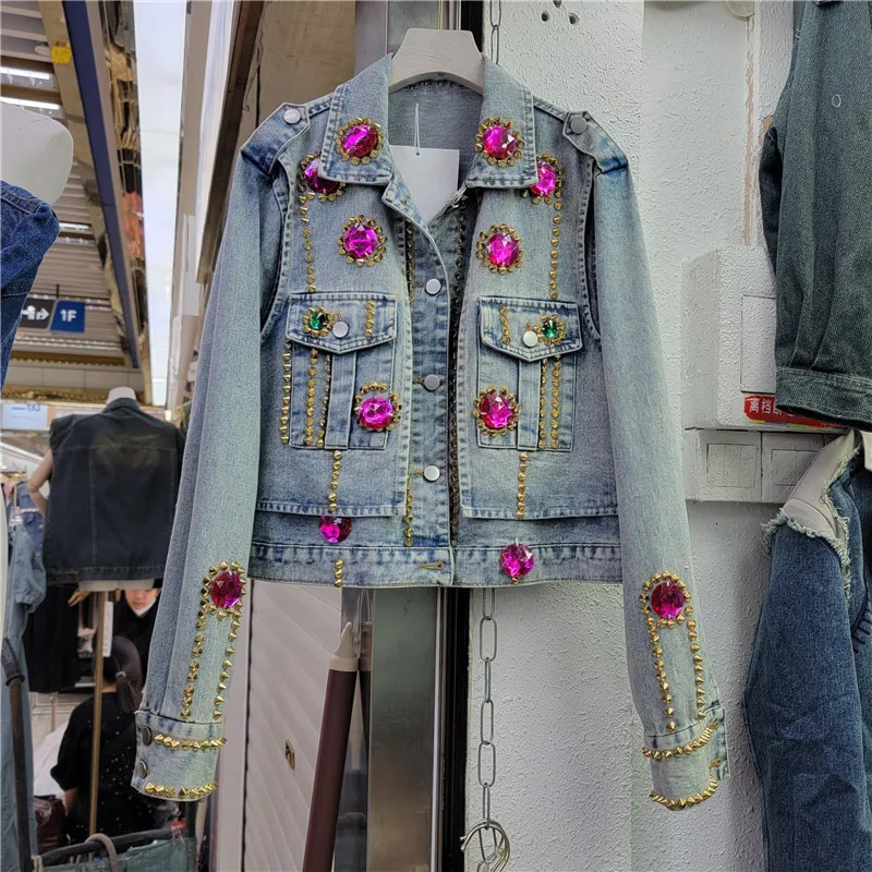 Diamonds Rivet Big Pocket Long Sleeve Denim Jackets Women Casual Cow Outerwear Vintage Blue Loose Short Jeans Jacket Female 250122