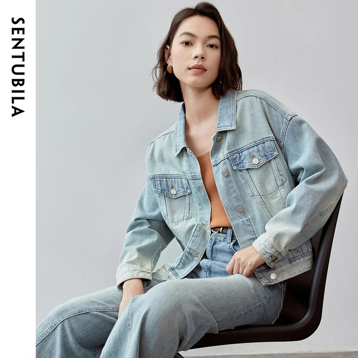 SENTUBILA Womens Spring Short Denim Jacket 2025 Fashion Loose Fit Long Sleeve Short Denim Coat Ladies Tops W43W57374X 250122