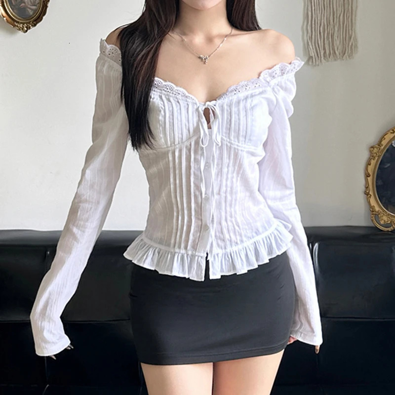 IAMTY Sweet Jacquard Ruffled Tie-up V-neck Shirt White Chic Elegant Button-up Long Sleeve Blouses Autumn Y2K Aesthetic Tops250207