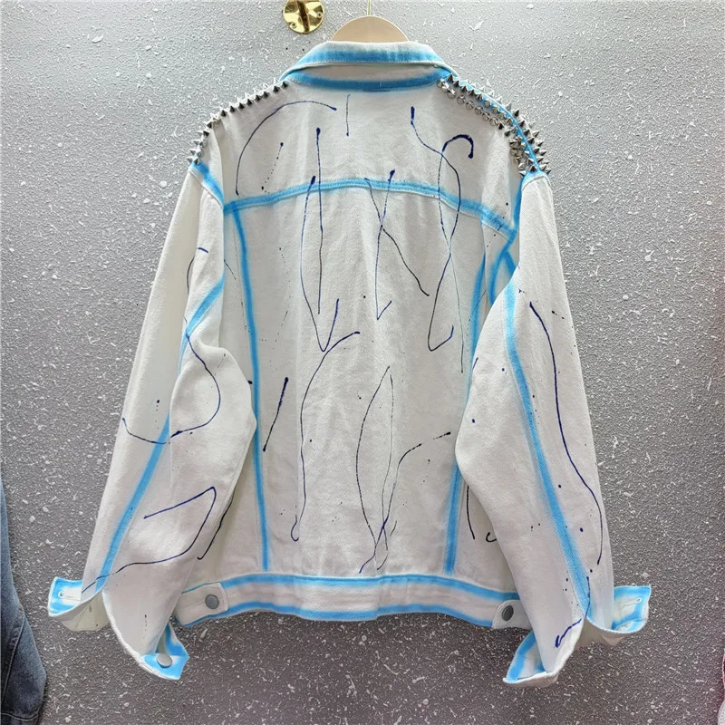 Multicolour Rivet Diamonds Big Pocket Denim Jacket Women Loose Short White Blue Cow Outerwear Print Jeans Jacket Coat Female 250122