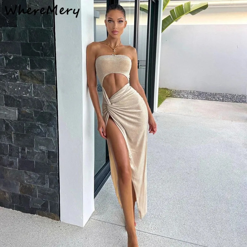 WhereMery Autumn Sexy Sleeveless Slit Dress Hollow Out Skinny Elegant Women Long Dresses 2024 Fashion Ladies Party Club 250206Z