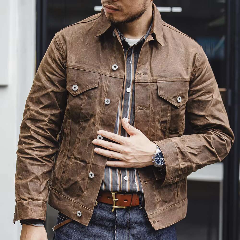 Maden Ameki Retro Male Oil Waxed Jacket Canvas Cotton Khaki Military Uniform Light Casual Work Safari Style Coats Man Clothing