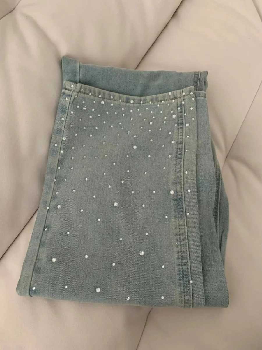Rhinestone Straight Leg Jeans Womens Retro Washed Wide Leg Pants Classic Blue High Waisted Loose All-Matched TrousersT250208