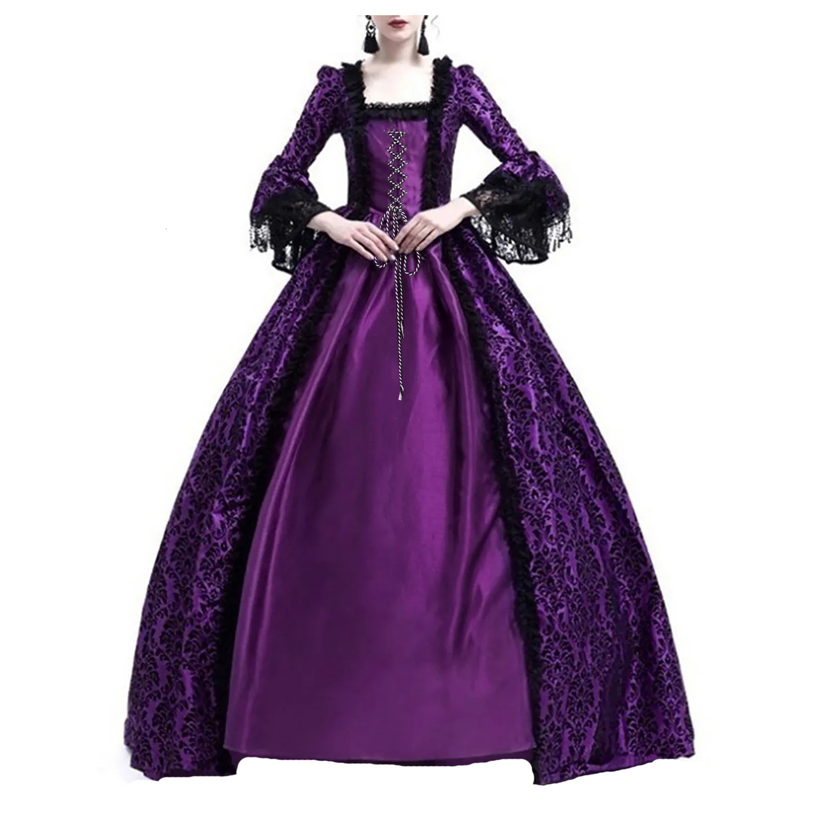 Womens Retro ball gown Long Sleeve Dress Medieval Victorian Court Lace Stitching Dress Gothic Dress Cosplay Party Costume250206