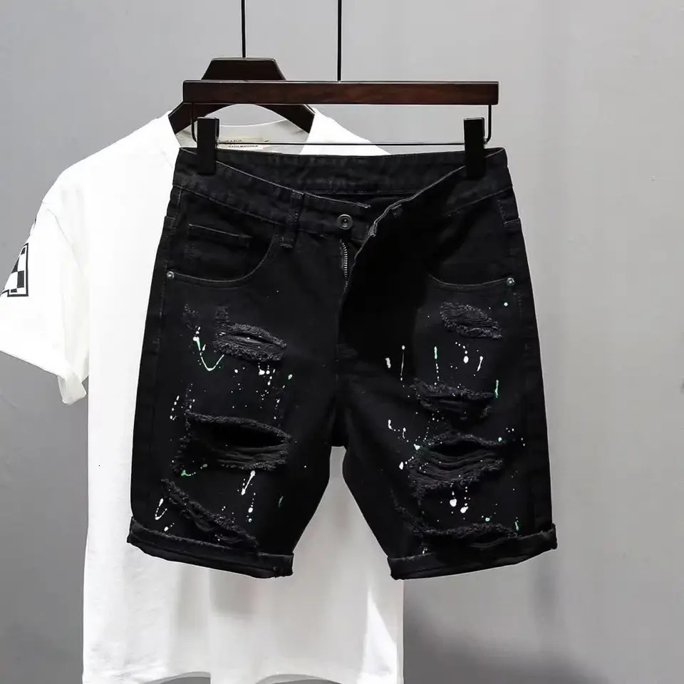 Summer Casual Mens Denim Shorts Korean Straight Washed Jeans Short Ins Ripped Cat Whisker Ink Splash Plaid Black Five-Pants 250206