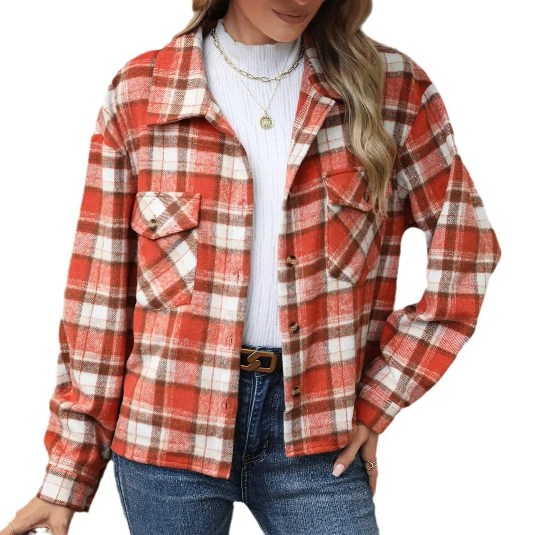 Long Sleeved Loose Pocket Plaid Top Woolen Coat for Women 250109Z