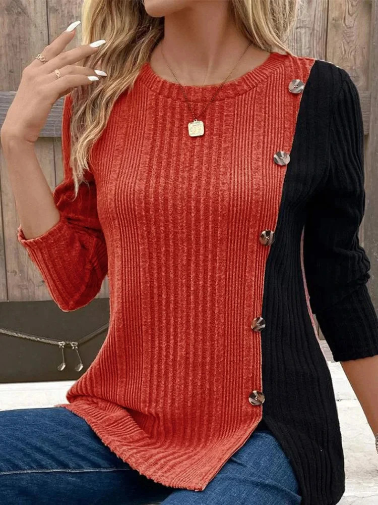 Womens Round Neck Long Sleeved Color Blocked Button Tshirt Daily Office Casual Comfortable Autumn Top 250114Z