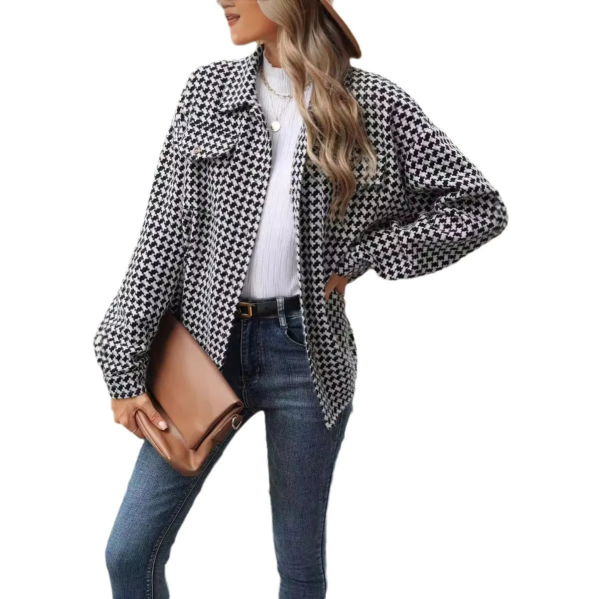 YJKDYK Autumn Winter Womens Houndstooth Jacket Female Loose Long Sleeved Woolen Coat With Pocket Ladys Coats Casual Jacket 250116