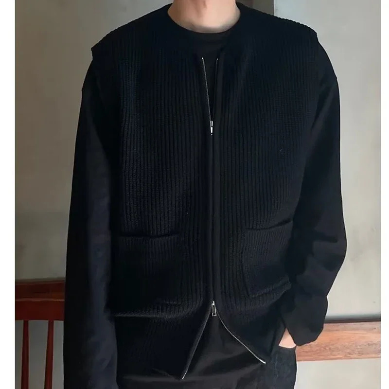 Knitted Zippers Cardigan Sweater Vest Men Sleeveless Casual Loose Streetwear O Neck Solid Color Coat Clothing 250208
