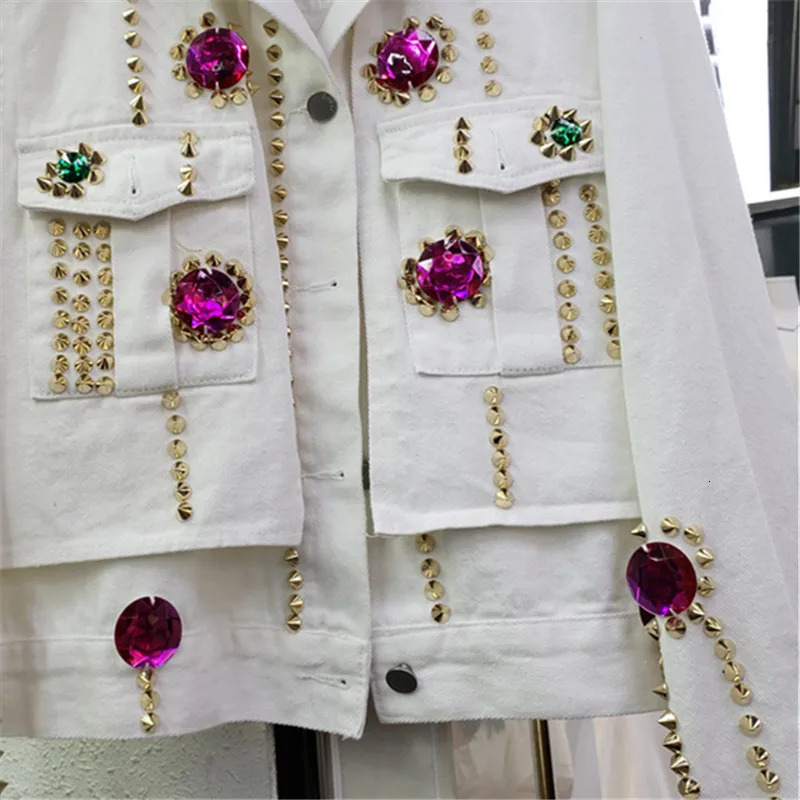 Heavy Work Diamonds Rivet White Blue Denim Jacket Women Loose Short Cow Outerwear Long Sleeve Big Pocket Jeans Jacket Female 250122
