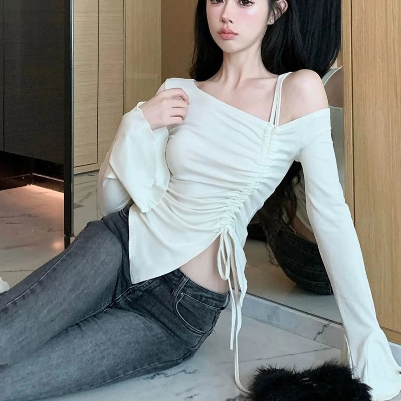 Spring Autumn Cotton Flare Sleeve T Shirts Women Solid Bodycone Basic Long Sleeve Crop Tops Casual Shirring Off-shoulder Tees 250208