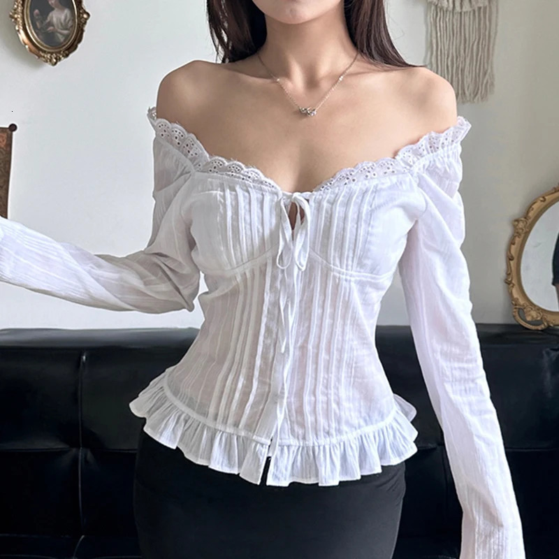 IAMTY Sweet Jacquard Ruffled Tie-up V-neck Shirt White Chic Elegant Button-up Long Sleeve Blouses Autumn Y2K Aesthetic Tops250207
