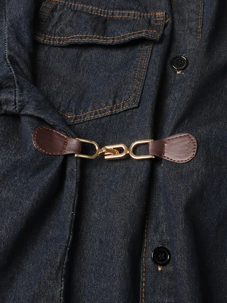 Solid Patchwork Metal Casual Denim Jackets For Women Lapel Long Sleeve Spliced Pockets Minimalist Loose Coats Female Style 250122