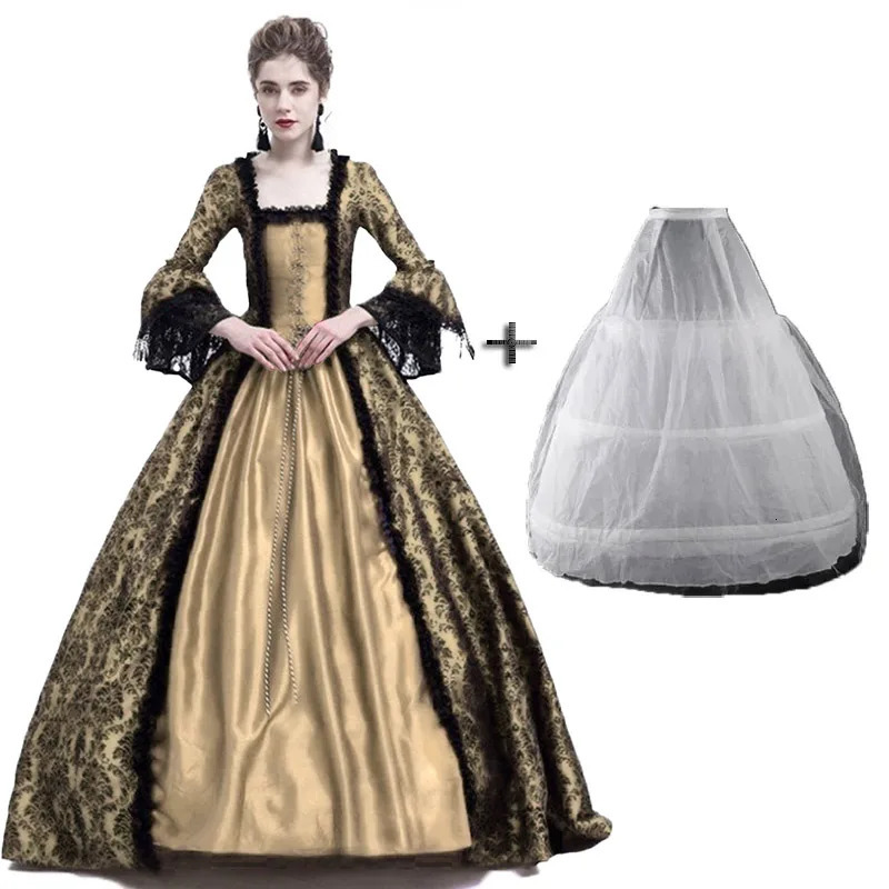 Medieval Renaissance Long Dress Queen Gown Party Cosplay Costume Square Collar Maxi Dresses with petticoat S-XXXL250206