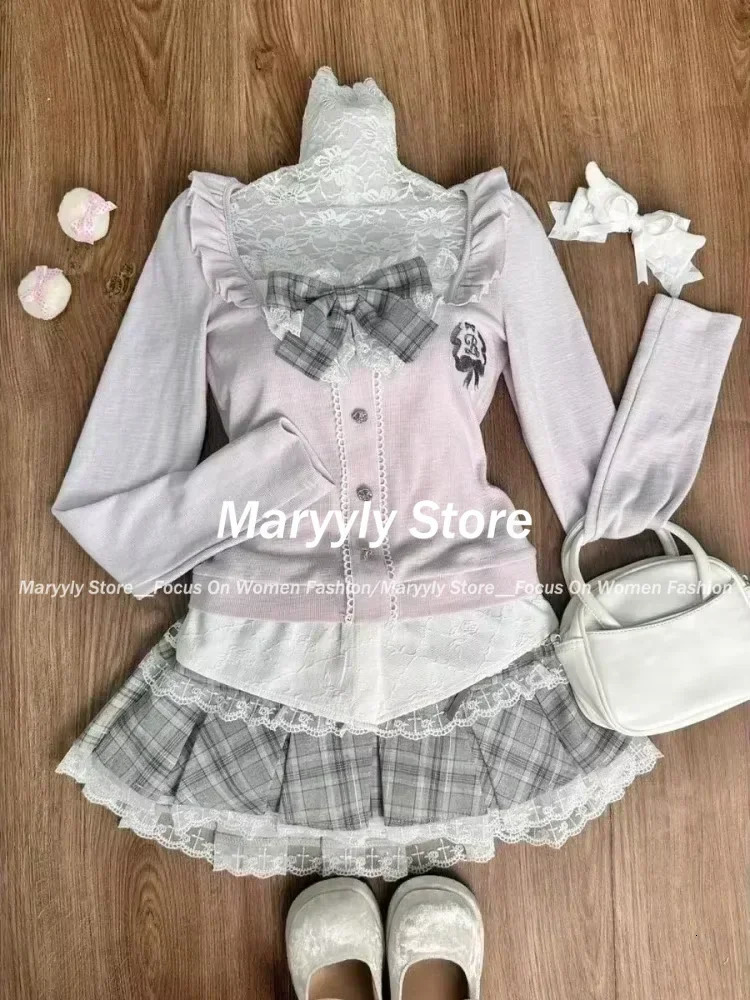 Japanese Sweet Preppy Style Skirt Set Women Kawaii Lace Patchwork Bow Tops Y2k Plaid Mini Elegant Outifits 2 Piece 250208