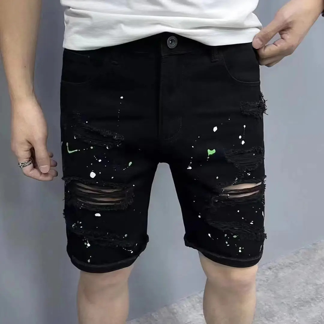 Summer Casual Mens Denim Shorts Korean Straight Washed Jeans Short Ins Ripped Cat Whisker Ink Splash Plaid Black Five-Pants 250206