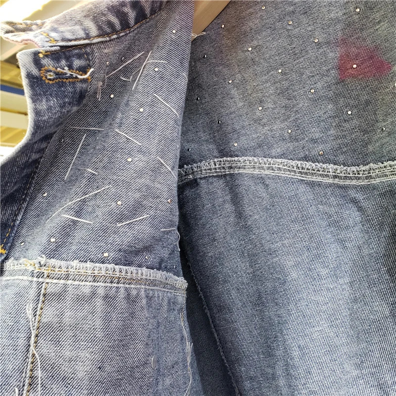 Tie Dye Gradient Color Diamonds Mesh Splicing Pocket Denim Jacket Women Cow Outerwear Loose Short Jeans Jacket Coat Female 250122