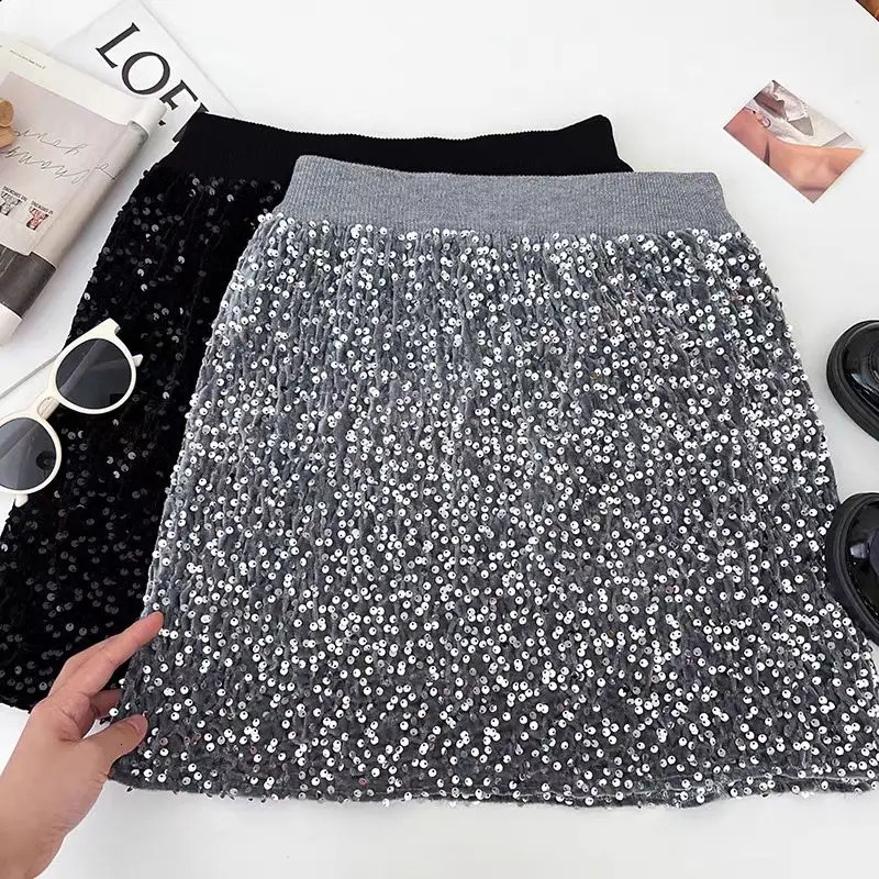 ITOOLIN Women Casual High Waist Tweed Aline Skirts Chic Shiny Sequined Bodycon Mini For Party Package Hip 250206Z