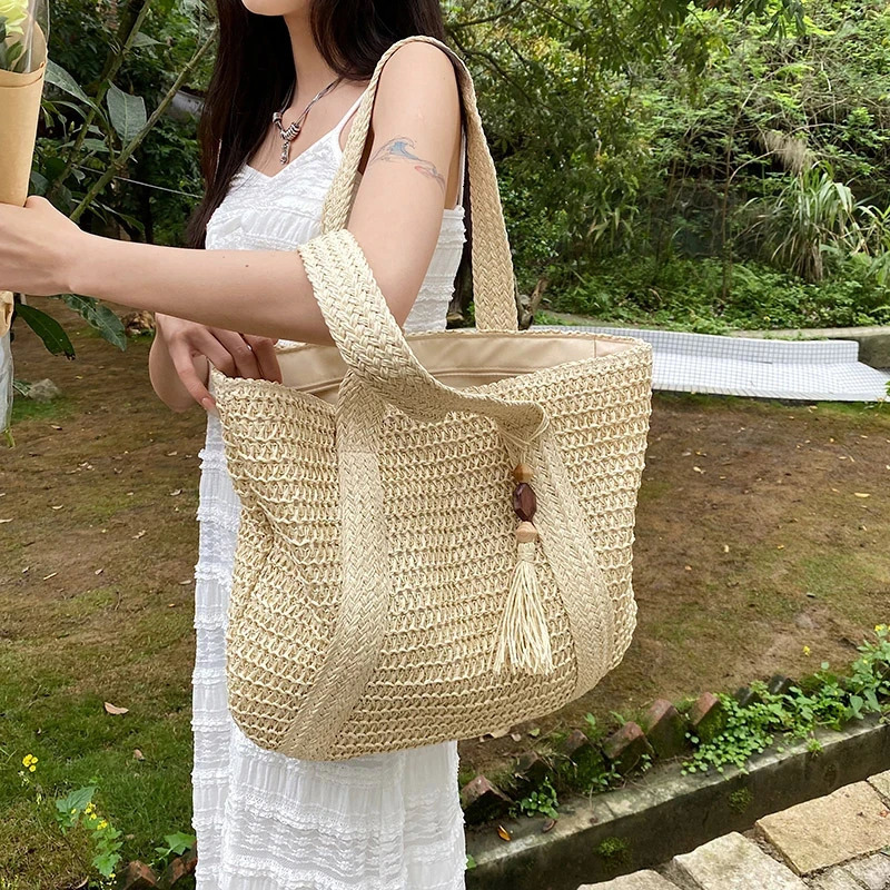 Large Capacity Weave Tote Bag Summer Travel Beach Straw Handbag Tassel Female Bohemian Shoulder Bag for Women 250207