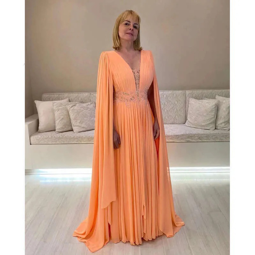 Light Orange Mother Of The Bride Dresses With Cape V Neck Wedding Guest Dress Beaded Appliqued Waist Pleats Or Length Evening Gowns